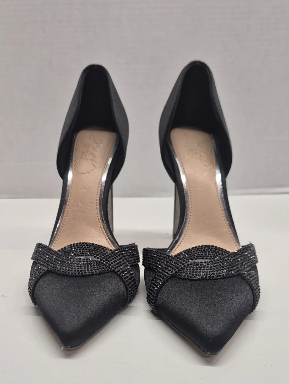 Jewel Badgley Mischka D'Orsay High Heels Satin Pointed Toe Rhinestone Black 9.5